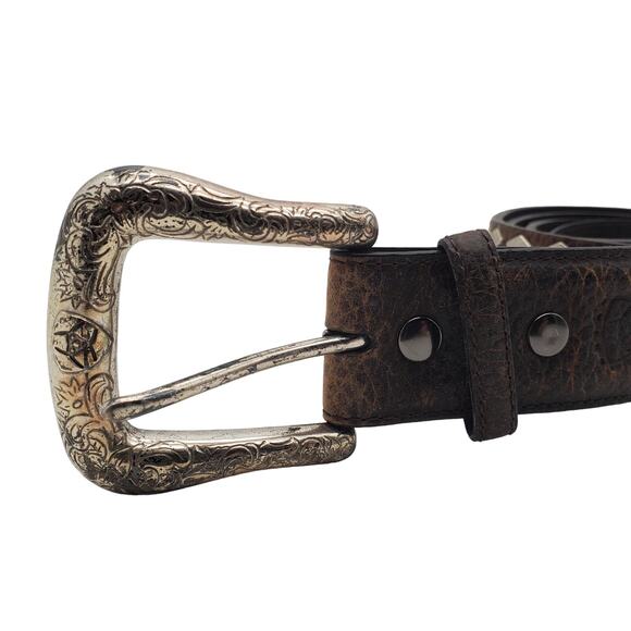 Ariat Dark Brown Leather Belt 38/95 Diamond Silver Tone Stud Tooled Buckle - Picture 12 of 13